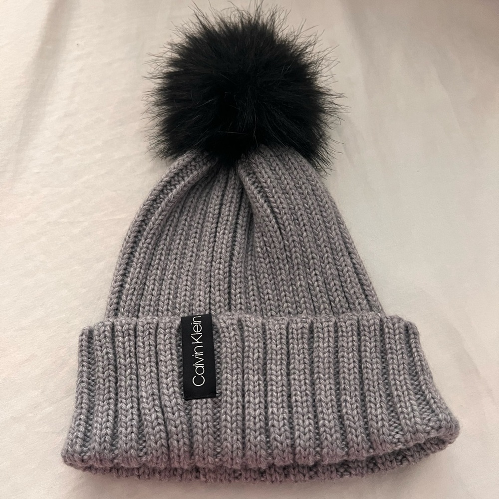 Calvin Klein Gray Knit Beanie with Black Pom